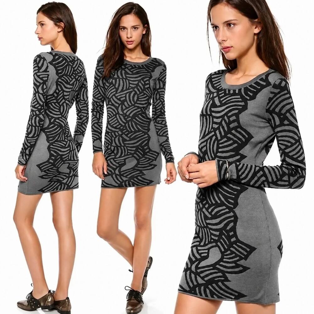Diane Von Furstenberg DVF Farley Wool Sweater Dress Black Gray Women's Small